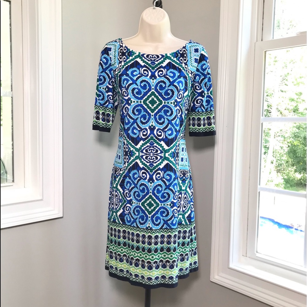 Eliza J Half Sleeve Blue & Green Sheath Dress - Women’s 6